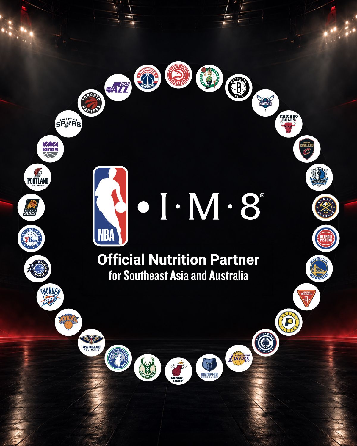 NBA and IM8: Official Nutrition Partner for Southeast Asia and Australia, ring of NBA team logos in a dark arena